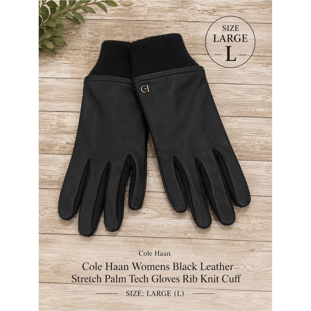 Cole Haan Womens Black Leather Stretch Palm Tech Gloves Rib Knit Cuff Large L - Picture 1 of 6